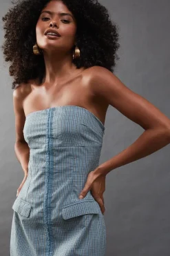 Check Hook & Eye Fitted Bandeau Midi Dress
