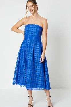 Check Organza Bandeau Midi Dress With Tie Waist