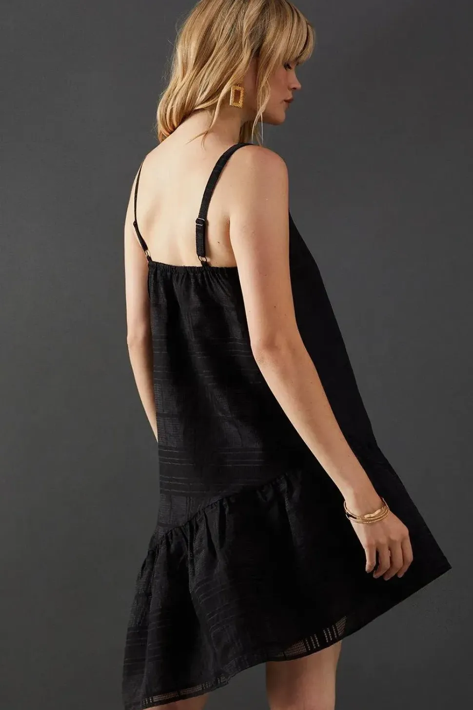 Check Organza High Neck Asymmetric Smock Dress