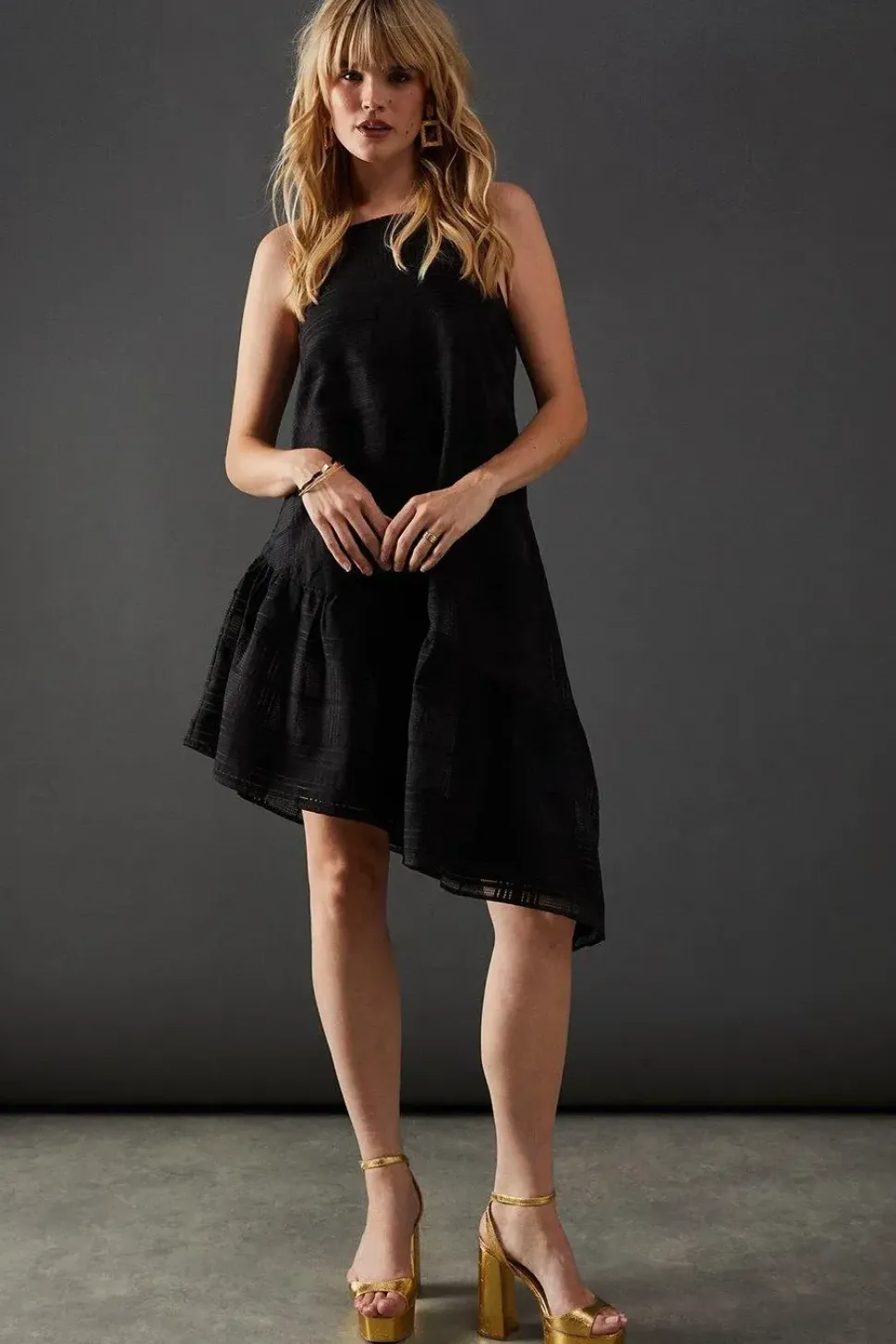 Check Organza High Neck Asymmetric Smock Dress
