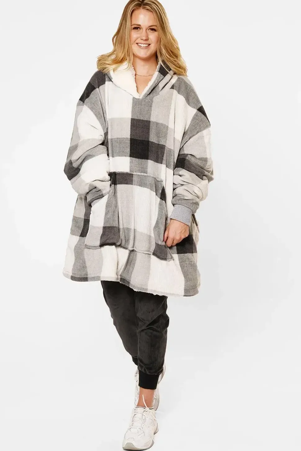 Check Oversized Sherpa Fleece Hoodie Blanket