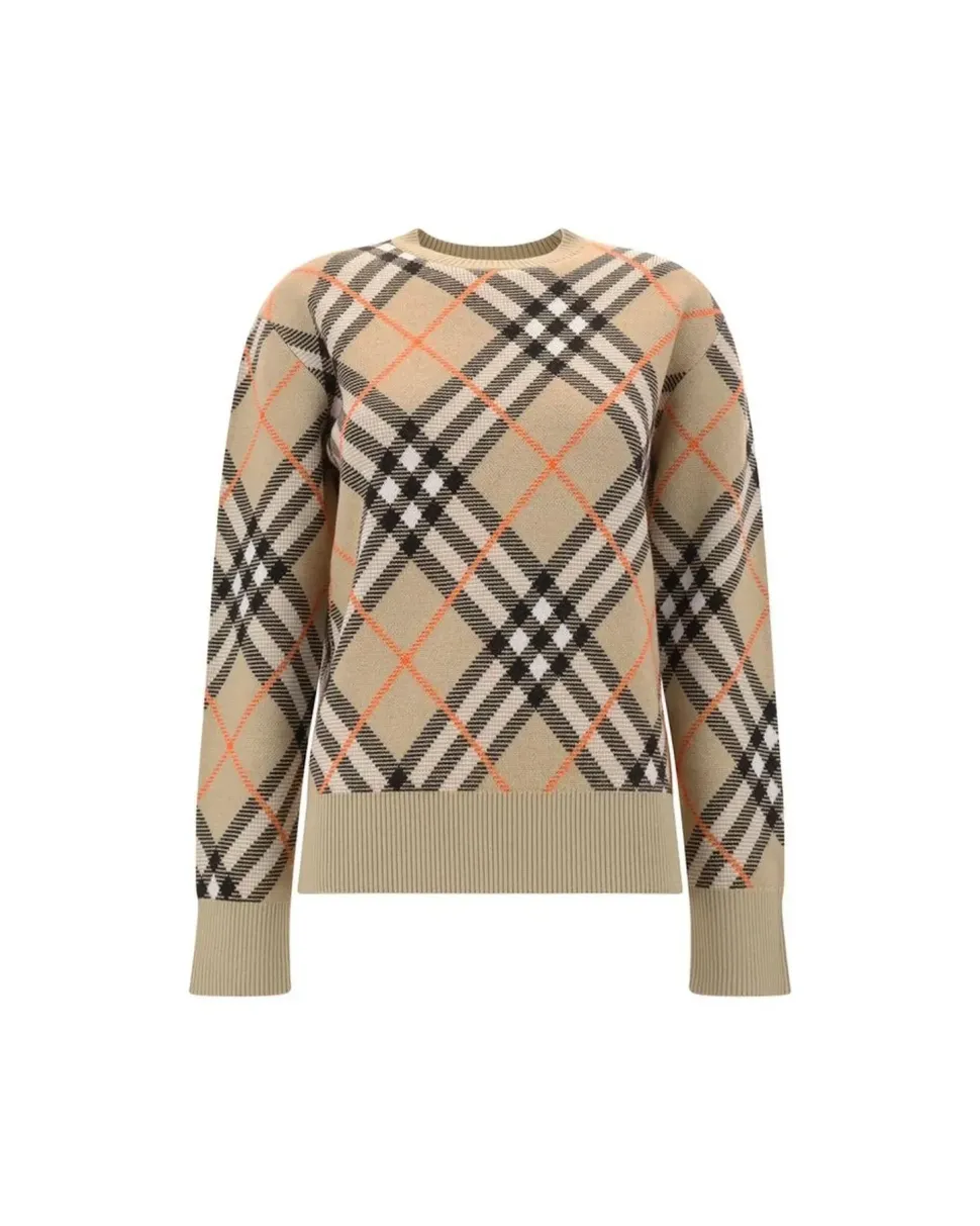 Check Pattern Wool Sweater with Ribbed Crew Neck