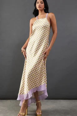 Check Satin Strappy Asymmetric Chiffon Insert Midi Dress