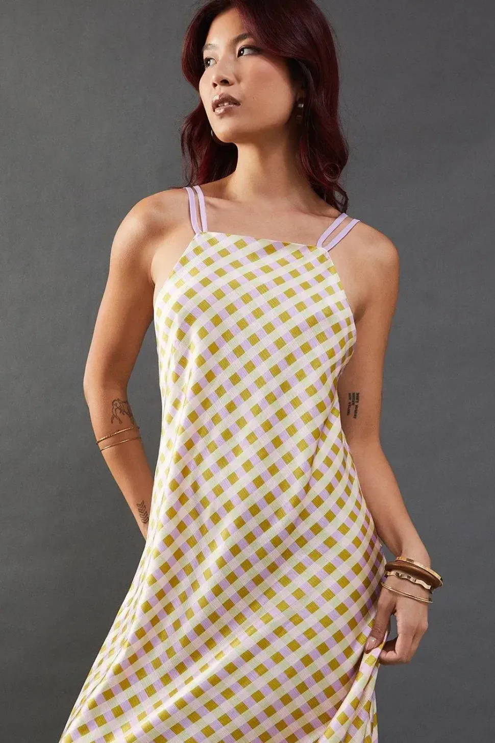 Check Satin Strappy Asymmetric Chiffon Insert Midi Dress