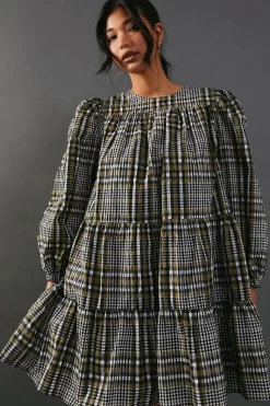 Check Smock Tiered Mini Dress
