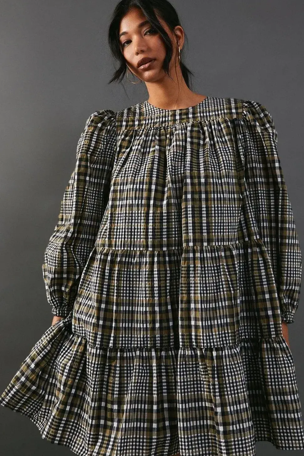 Check Smock Tiered Mini Dress
