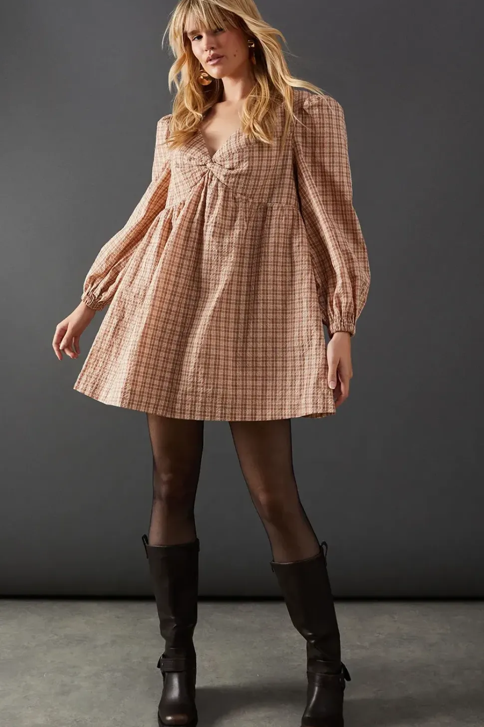 Check V Neck Volume Sleeve Mini Dress