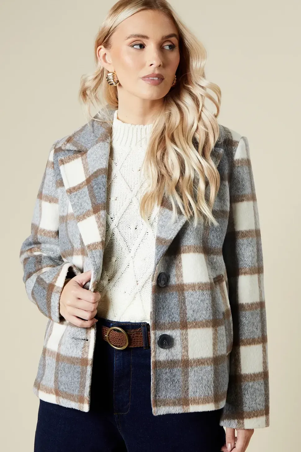 Check Wool Look Cropped Jacket