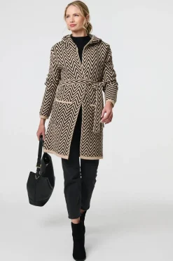 Chevron Print Tie Waist Hooded Coatigan