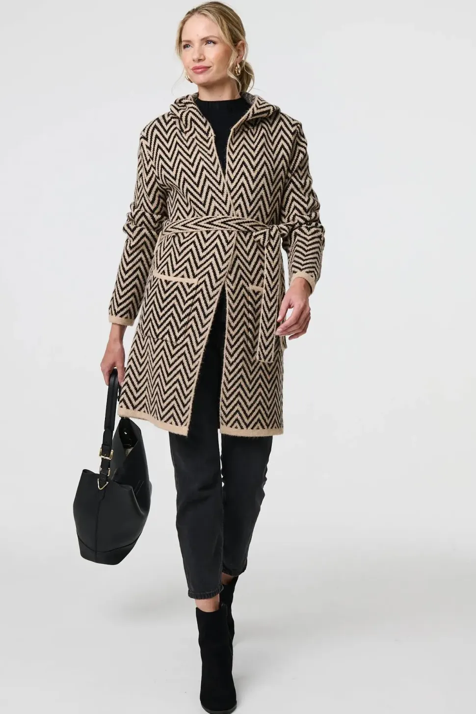 Chevron Print Tie Waist Hooded Coatigan