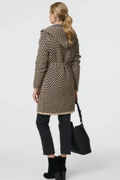 Chevron Print Tie Waist Hooded Coatigan