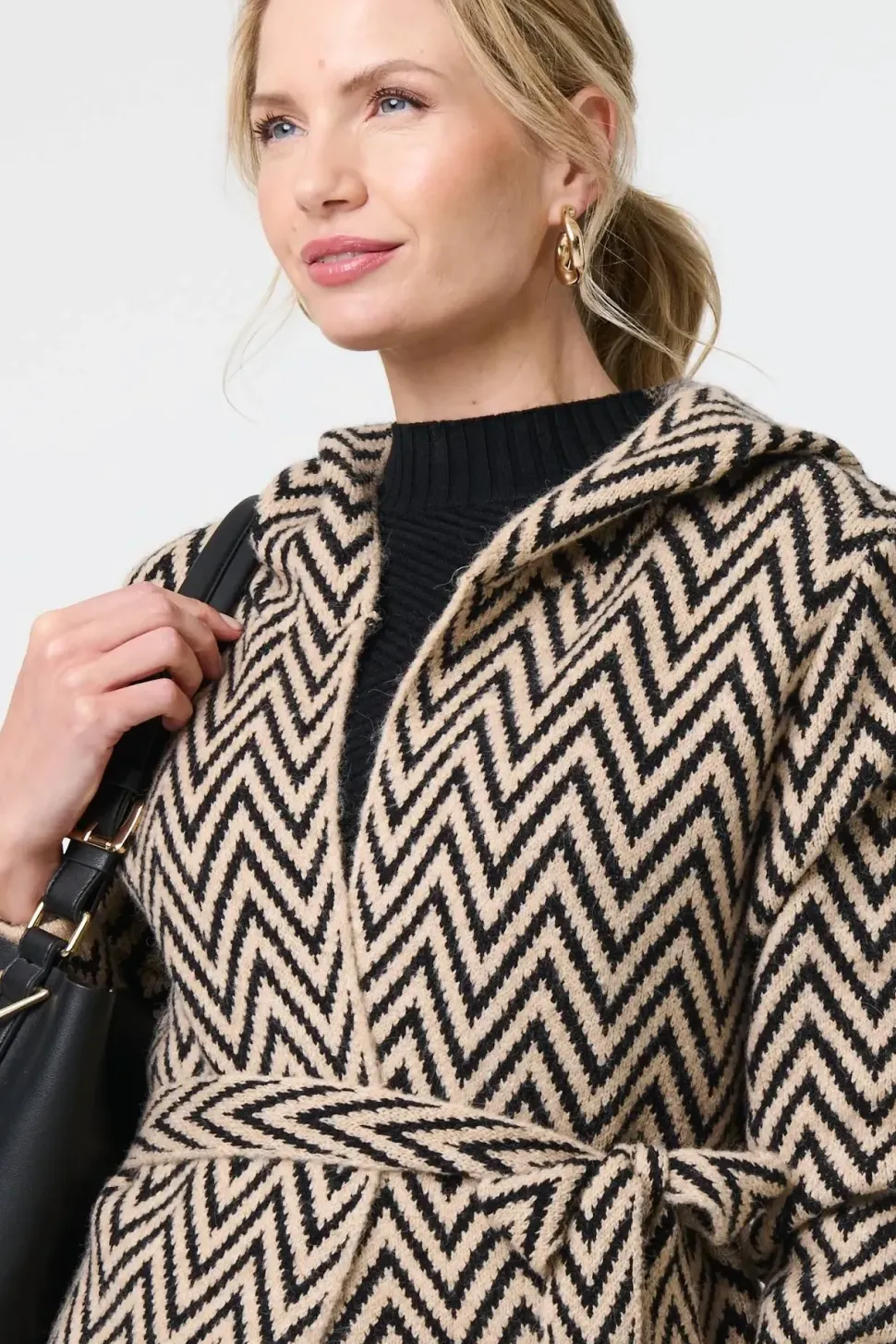 Chevron Print Tie Waist Hooded Coatigan