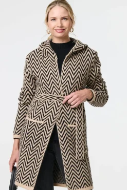 Chevron Print Tie Waist Hooded Coatigan