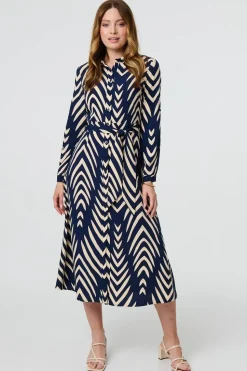 Chevron Print Tie Waist Shirt Midi Dress