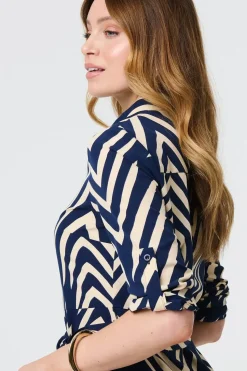 Chevron Print Tie Waist Shirt Midi Dress