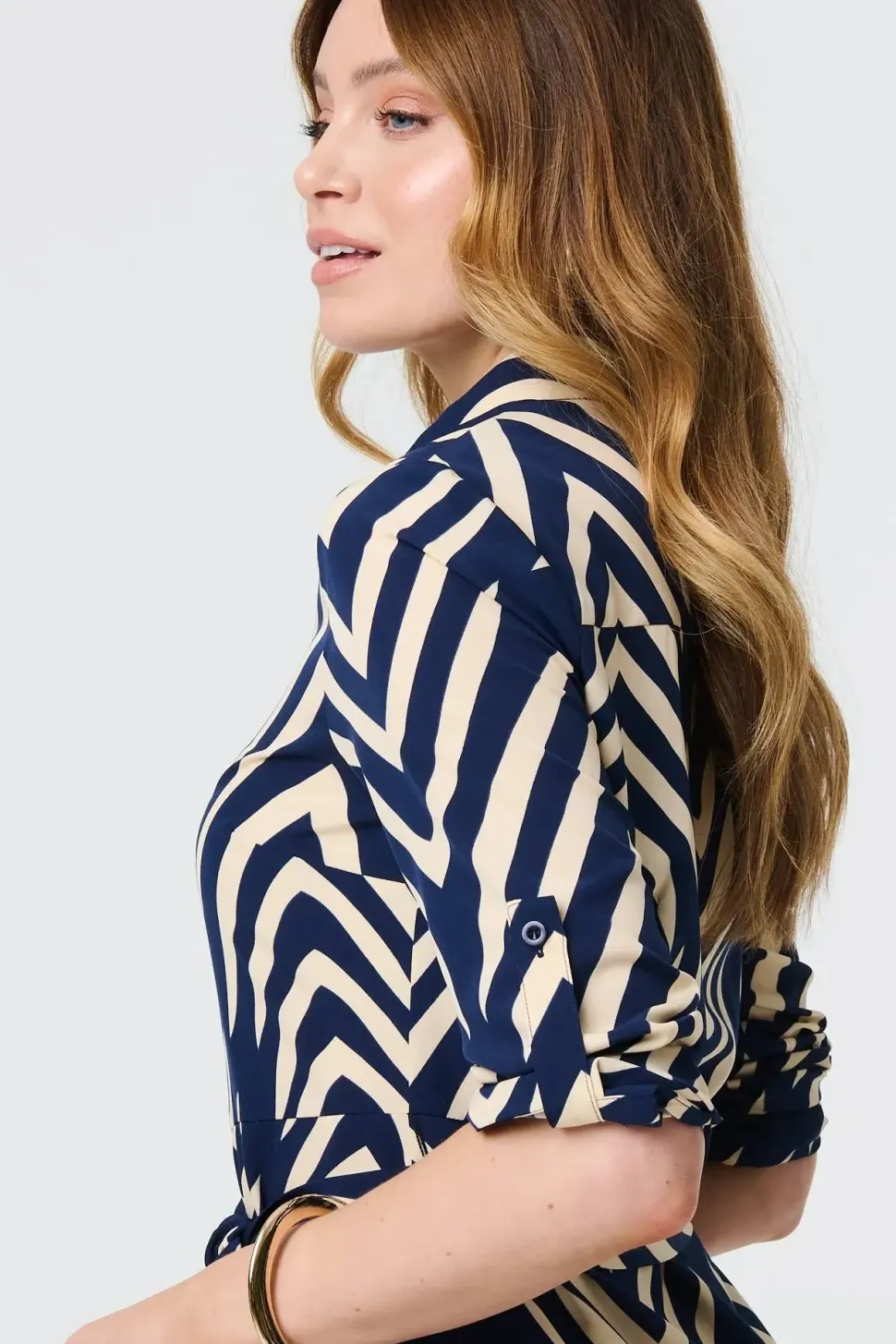 Chevron Print Tie Waist Shirt Midi Dress