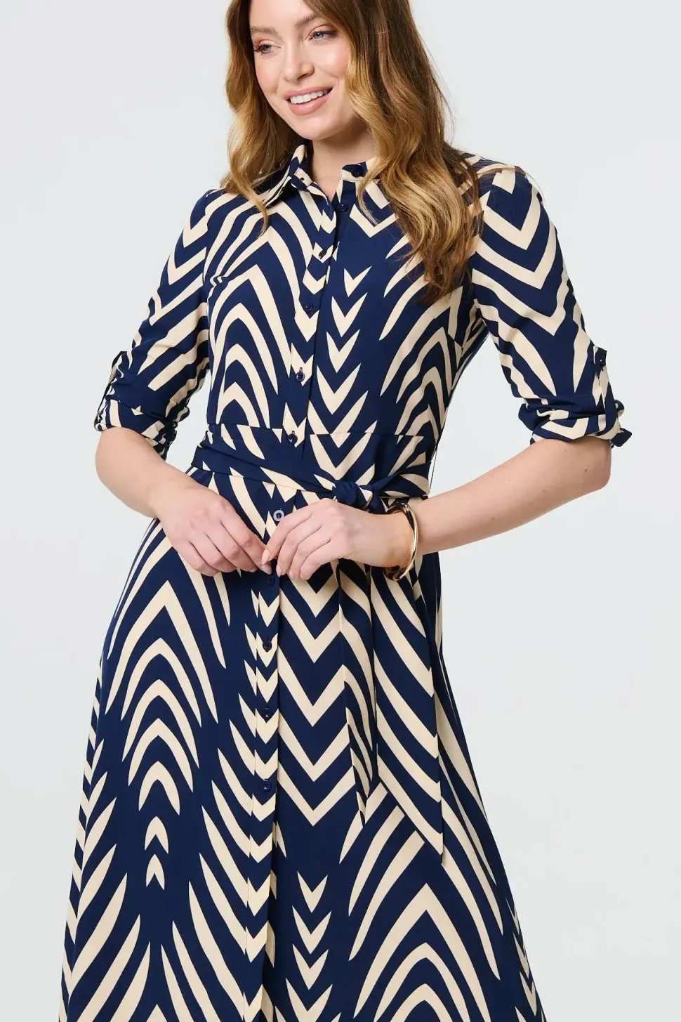Chevron Print Tie Waist Shirt Midi Dress