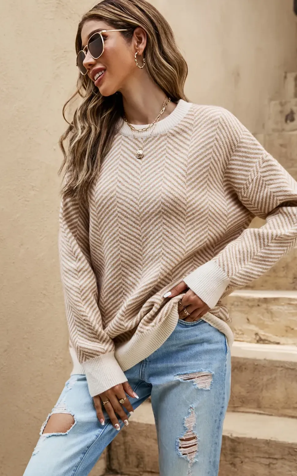 Chic Geometric Intarsia Knit Jumper Top In Beige & Taupe