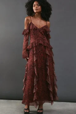 Chiffon Animal Print Cold Shoulder Ruffle Detail Maxi Dress