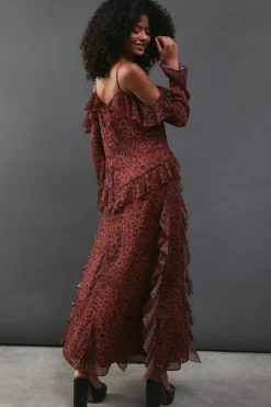 Chiffon Animal Print Cold Shoulder Ruffle Detail Maxi Dress