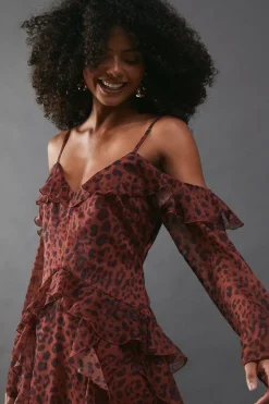 Chiffon Animal Print Cold Shoulder Ruffle Detail Maxi Dress