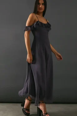 Chiffon Asymmetric Hem Bias Ruffle Strappy Midaxi Dress