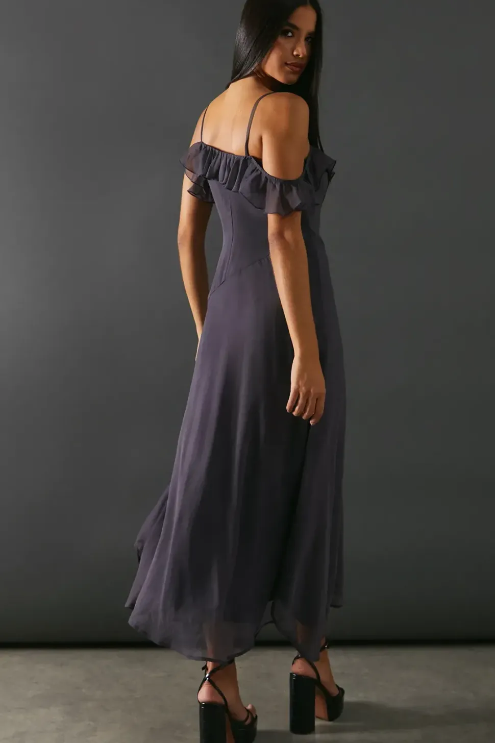 Chiffon Asymmetric Hem Bias Ruffle Strappy Midaxi Dress