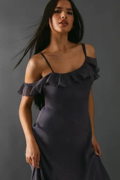 Chiffon Asymmetric Hem Bias Ruffle Strappy Midaxi Dress