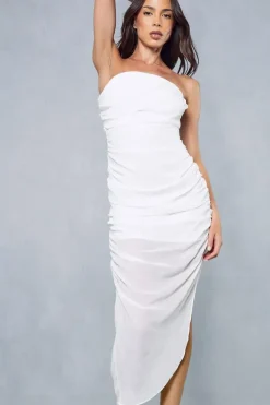 Chiffon Bandeau Draped Asymmetric Hem Midi Dress