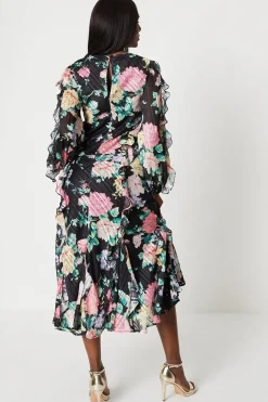 Chiffon Blouson Midi Dress With Ruffles