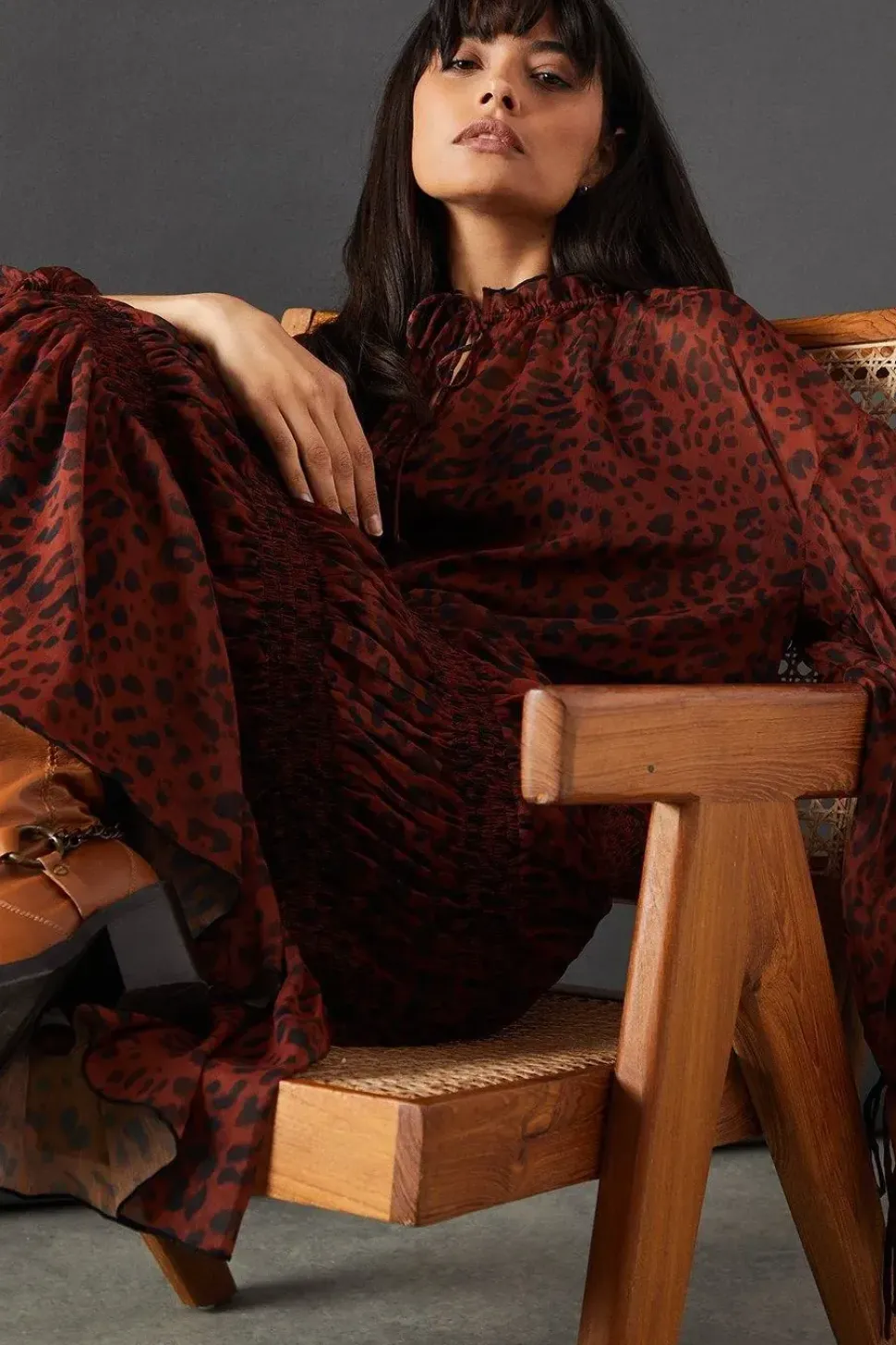 Chiffon Button Tier Smock Midi Dress