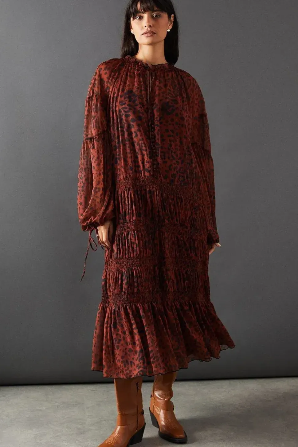 Chiffon Button Tier Smock Midi Dress