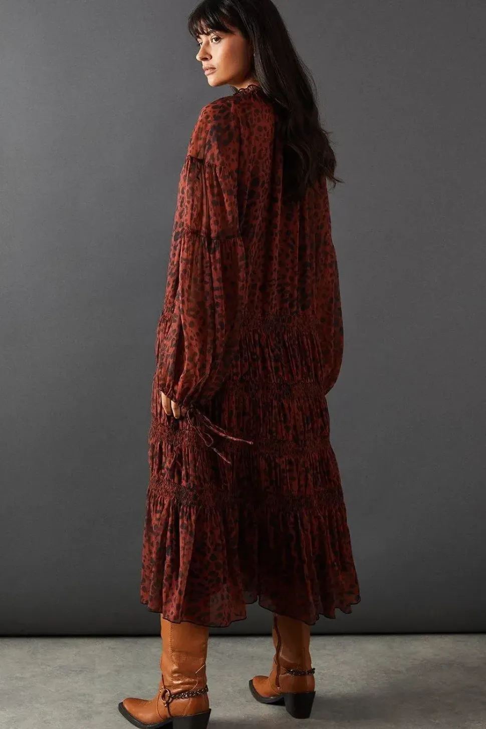 Chiffon Button Tier Smock Midi Dress