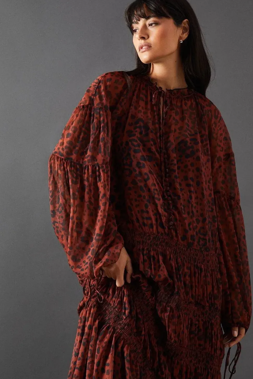 Chiffon Button Tier Smock Midi Dress