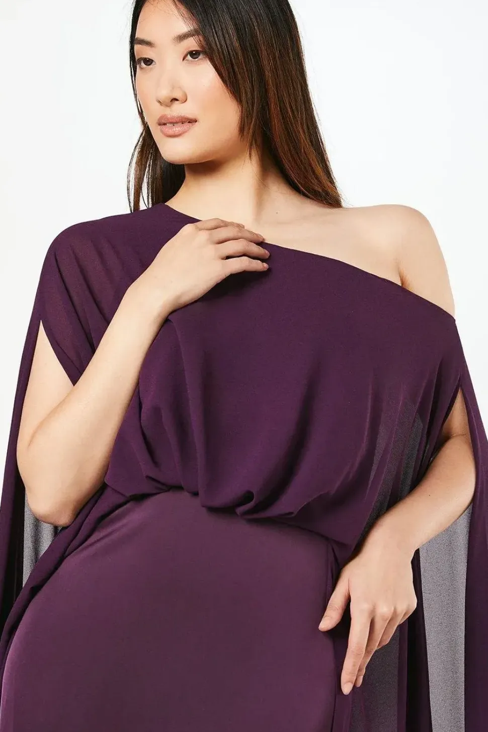 Chiffon Cape Detail Satin Maxi Dress