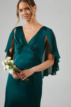 Chiffon Cape Detail Tie Back Satin Bridesmaid Dress