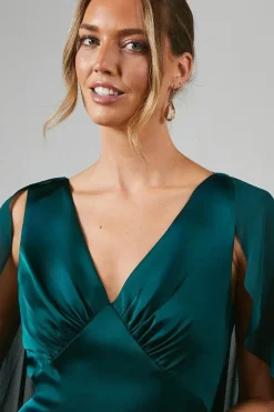 Chiffon Cape Detail Tie Back Satin Bridesmaid Dress