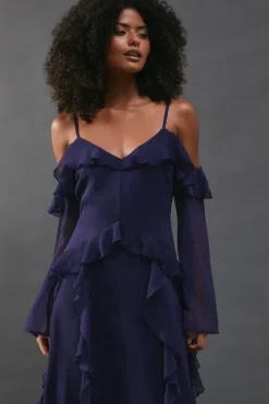 Chiffon Cold Shoulder Ruffle Detail Maxi Dress