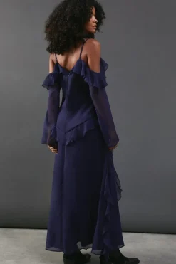Chiffon Cold Shoulder Ruffle Detail Maxi Dress