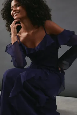 Chiffon Cold Shoulder Ruffle Detail Maxi Dress