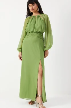 Chiffon Cut Out Detail Volume Sleeve Maxi Dress