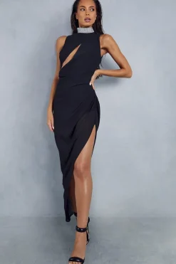Chiffon Diamante Choker Neckline Asymmetric Midi Dress