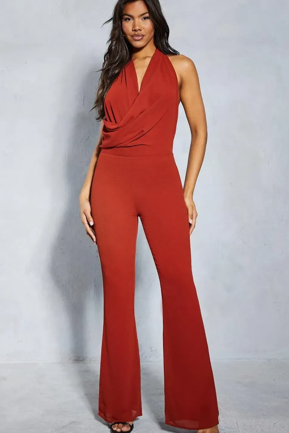 Chiffon Draped Neck Low Back Flare Leg Jumpsuit