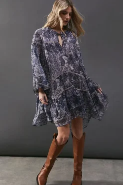 Chiffon Faded Paisley Ladder Insert Ruffle Smock Mini Dress