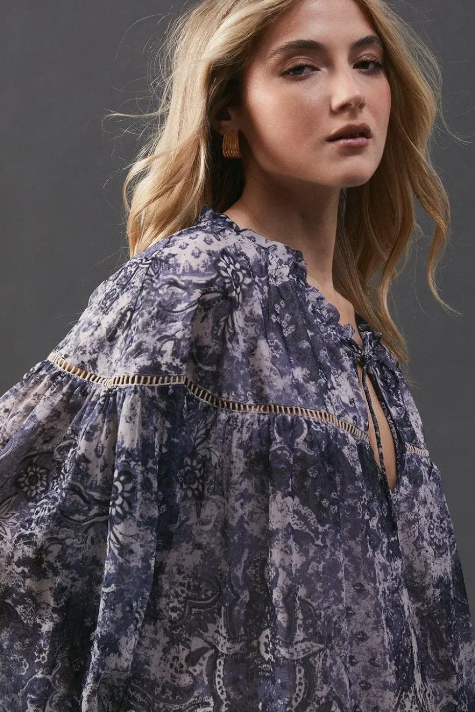 Chiffon Faded Paisley Ladder Insert Ruffle Smock Mini Dress