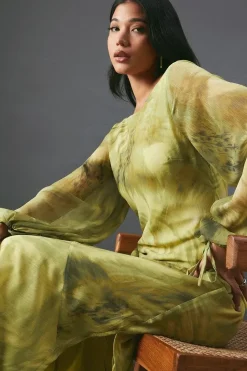 Chiffon Feather Print Volume Sleeve Maxi Dress