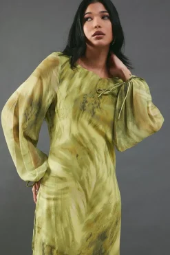 Chiffon Feather Print Volume Sleeve Maxi Dress