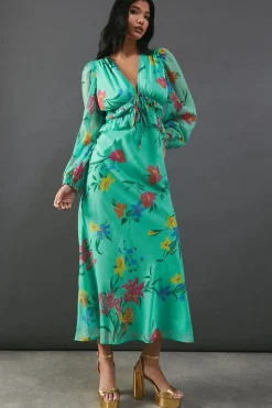 Chiffon Floral Ruffle Midi Tea Dress
