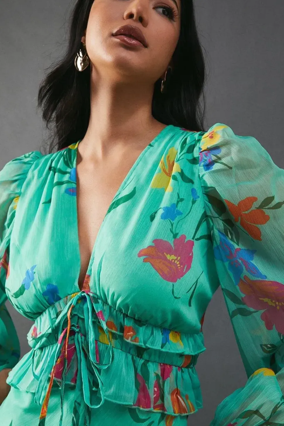 Chiffon Floral Ruffle Midi Tea Dress