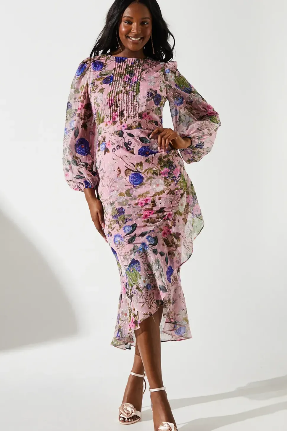 Chiffon Frill Hem Dress with Pleats